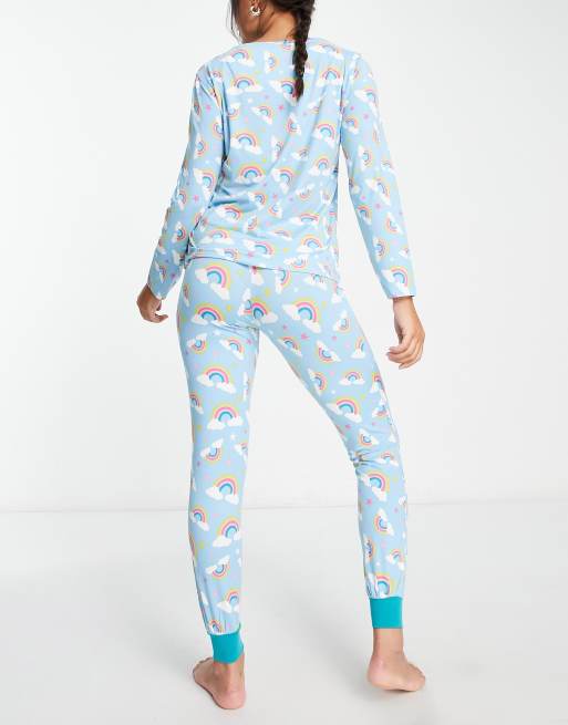 Chelsea Peers long sleeve and cuff pants pyjama set in light blue rainbow print