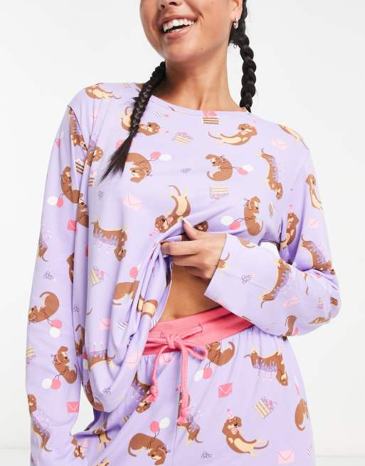 Chelsea Peers long sleeve and cuff trouser pyjama set in lilac and pink dachshund birthday print