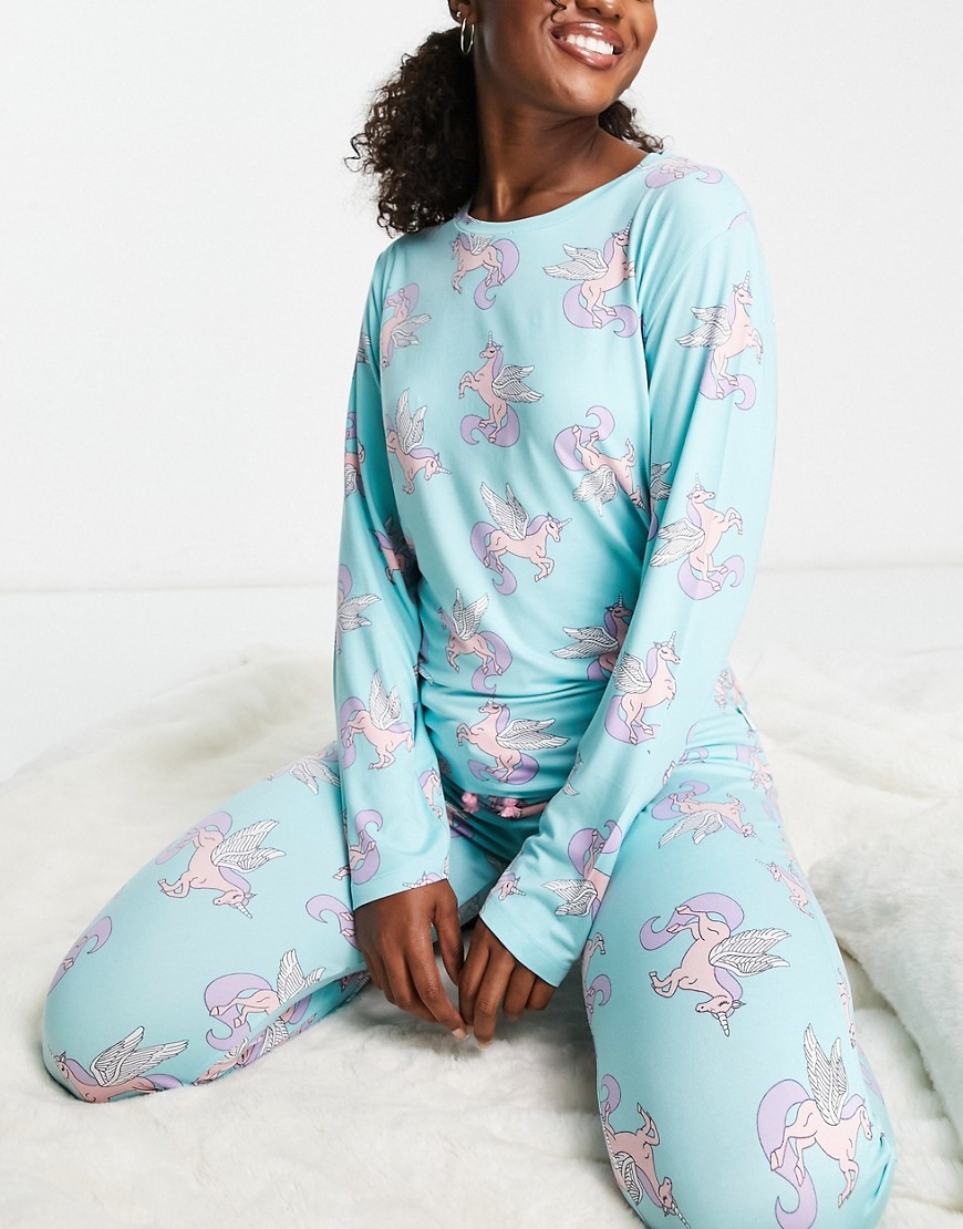 Chelsea Peers long sleeve and cuffed pants pajama set in turquoise and pink unicorn print-Blue