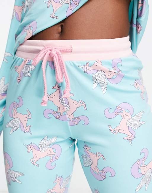 Chelsea Peers long sleeve and cuffed pants pajama set in turquoise and pink  unicorn print