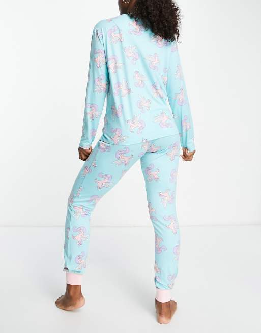 Chelsea Peers long sleeve and cuffed pants pyjama set in turquoise and pink unicorn print