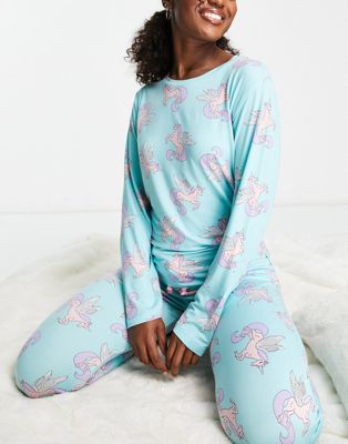 Chelsea Peers long sleeve and cuffed trouser pyjama set in turquoise and pink unicorn print