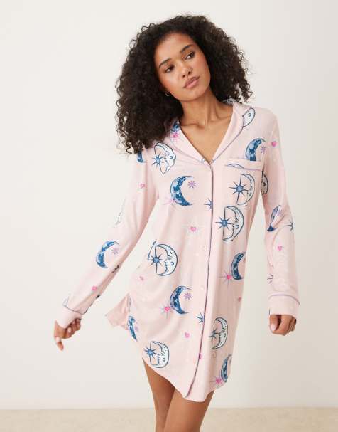 Chelsea Peers long sleeve night shirt in pink night sky print - view 1