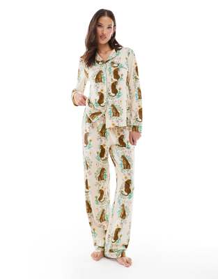Chelsea Peers long sleeve revere and trouser pyjama set in botanical tiger print - view 1