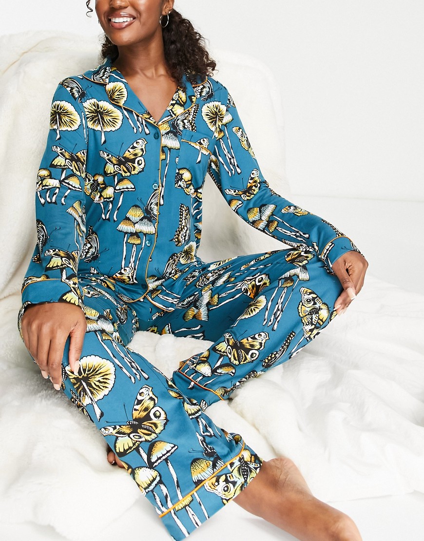Chelsea Peers long sleeve shirt and pants pajama set in navy butterfly print