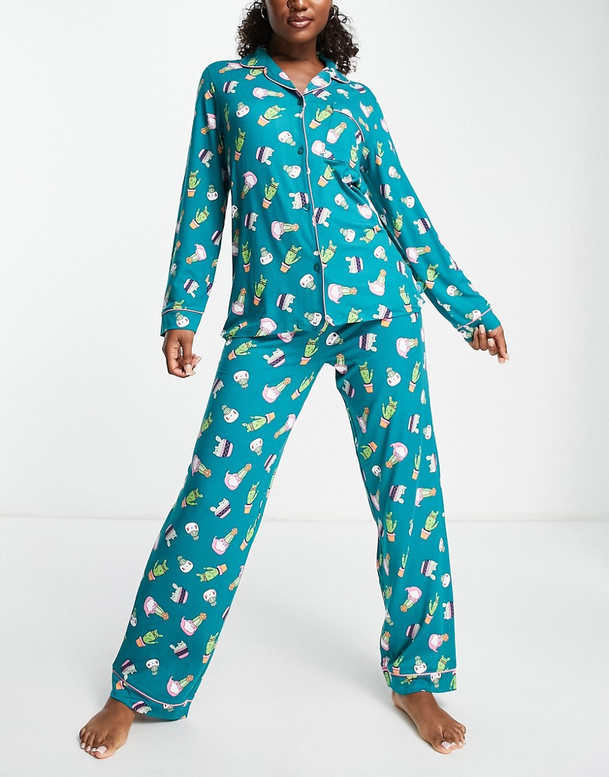 Chelsea Peers long sleeve shirt and pants pajama set in teal blue cactus cat print