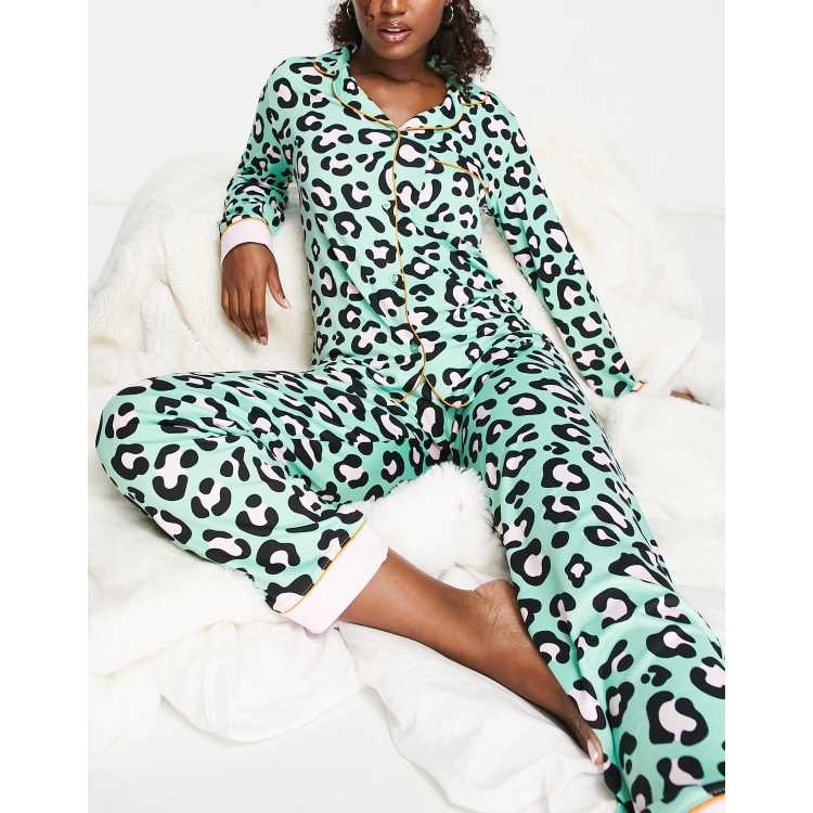 Chelsea Peers long sleeve shirt and trouser pyjama set in green and light  pink leopard print