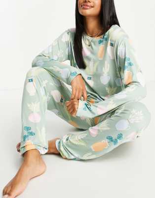 Chelsea Peers long sleeve top and jogger pyjama set in sage plant print   - ASOS Price Checker