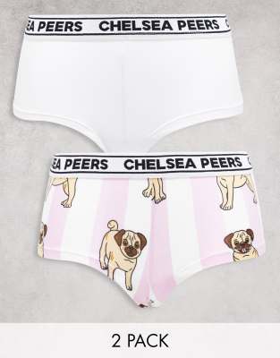 Chelsea Peers - Lot de 2 boxers - Blanc/lilas rayé à imprimé carlins | ASOS
