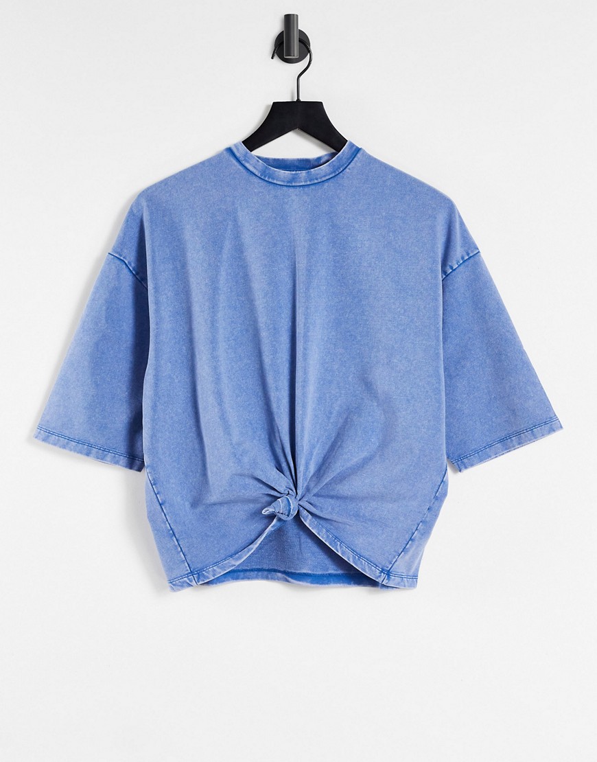 Chelsea Peers lounge knot front t shirt in blue acid wash-Blues