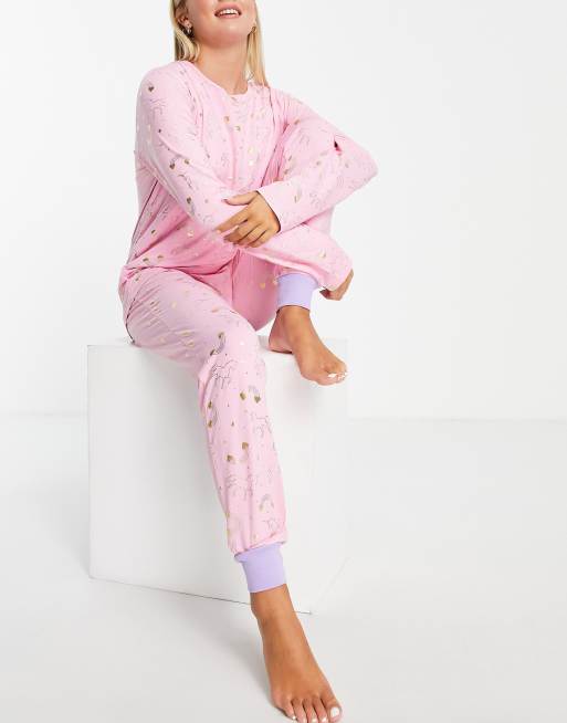 Chelsea Peers Lyserod pyjamas med enhjorninge print i folie ASOS