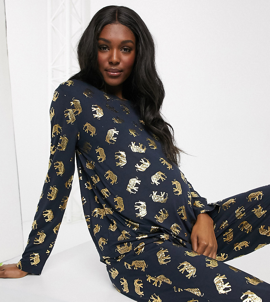 Chelsea Peers – Mammakläder – Metallic-färgad, elefantmönstrad pyjamas med topp och mjukisbyxor – Endast hos ASOS-Marinblå