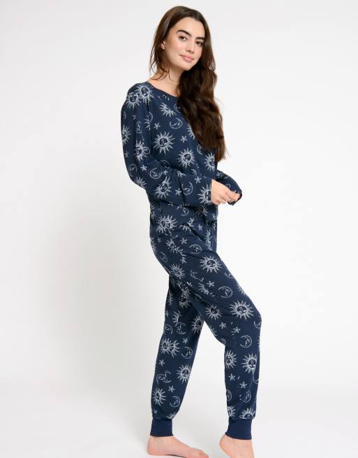 Chelsea Peers - Marineblåt, langt pyjamassæt med print med stjerner og måne i polyester - NAVY