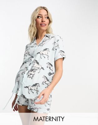 Chelsea Peers Maternity button through short pyjama set in wild horses print