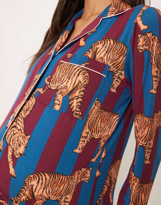 Chelsea Peers Maternity - Camicia da notte a righe con stampa di tigri, 2 di 4