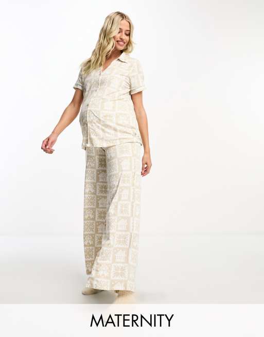 Chelsea Peers Maternity christmas bells tile wide leg pyjamas in stone and  white