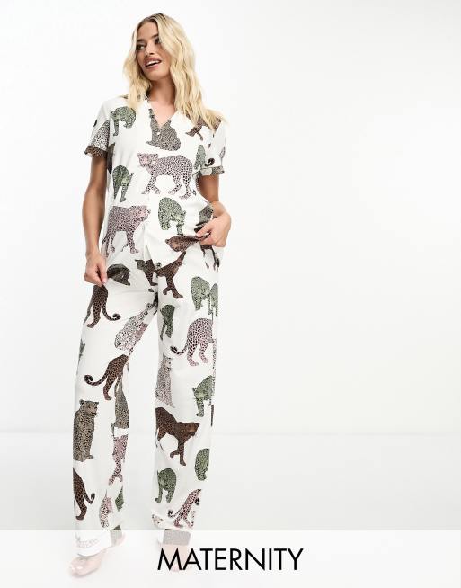 Chelsea Peers Maternity cotton tonal leopard print button short sleeve top and pants pyjama set in off white