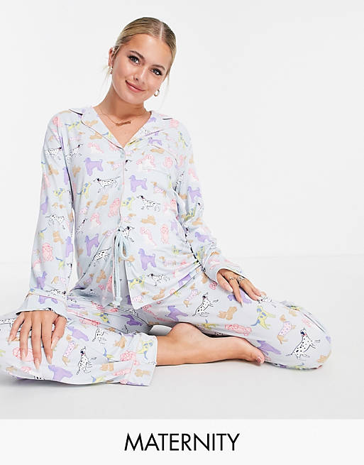 Chelsea Peers Maternity dog print pyjama set in blue