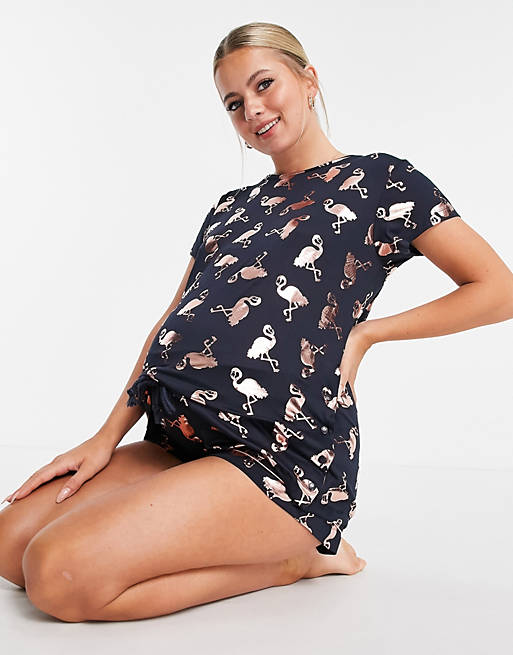  Chelsea Peers Maternity eco jersey foil flamingo printed t-shirt and short pyjama set in navy 
