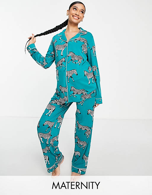 Lingerie & Nightwear Chelsea Peers Maternity eco jersey revere top and trouser pyjama set in turquoise zebra 