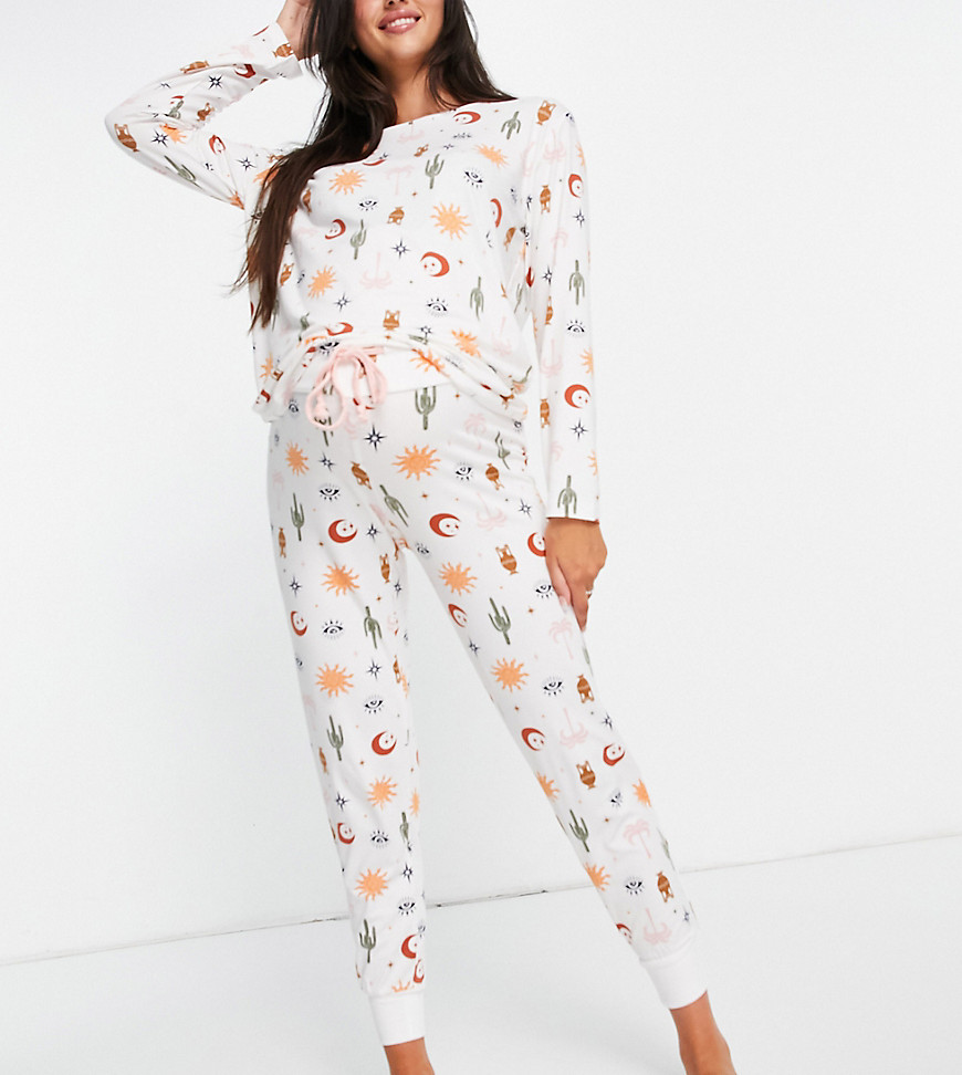 Chelsea Peers Maternity eco jersey summer safari print top and sweatpants pajama set in cream-White