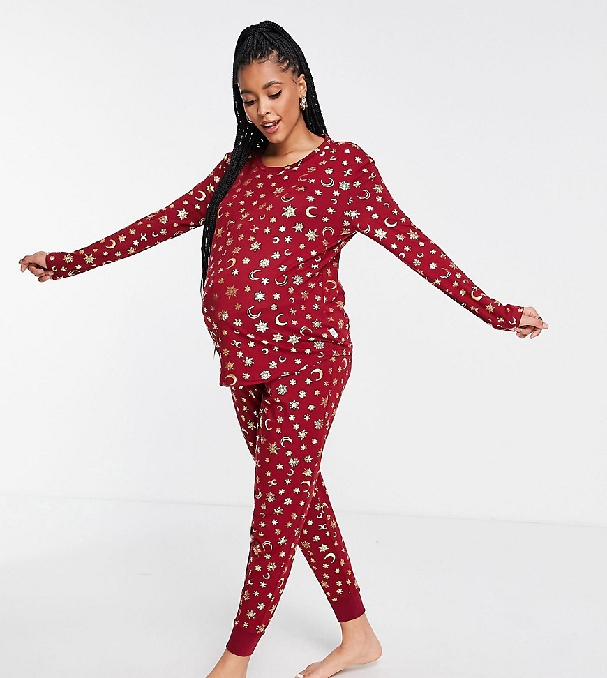 Chelsea Peers Maternity eco poly long sleeve top and sweatpants pajama set in wine and gold foil celestial print-Red