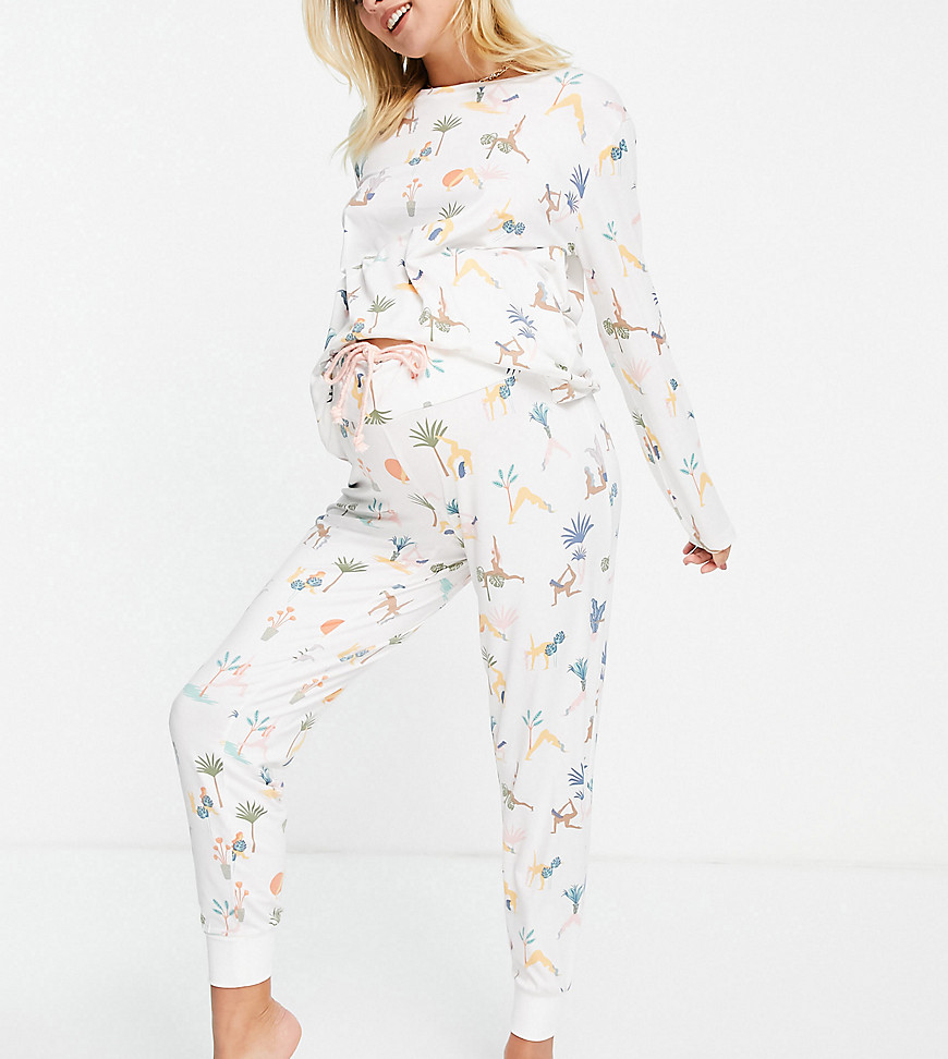 Chelsea Peers Maternity eco poly long top and sweatpants pajama set in yoga ladies print-Pink