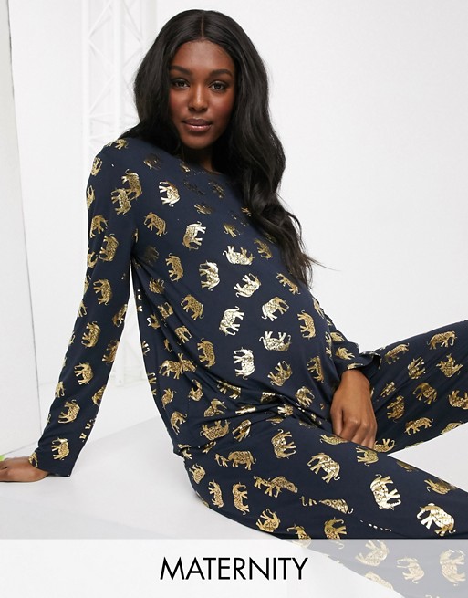 Chelsea Peers Maternity Exclusive foil elephant pyjama top and jogger set