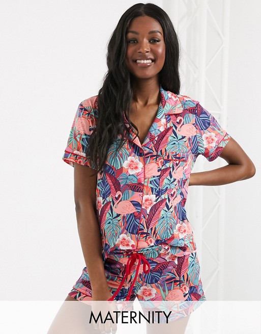 Chelsea Peers Maternity Exclusive tropical flamingo print revere pyjama short set