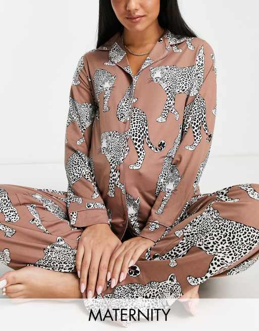 Chelsea Peers Maternity leopard jersey print button top and trouser pyjama set in brown