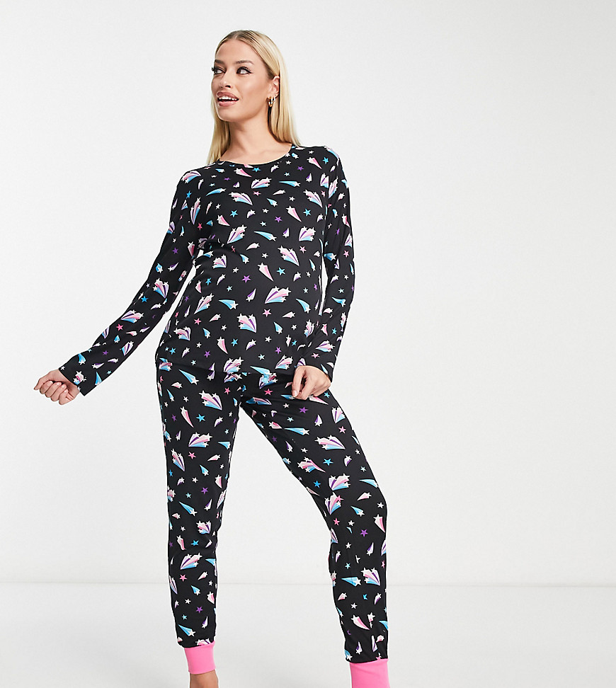 Maternity long sleeve and cuff pants pajama set in navy and pink shooting star print