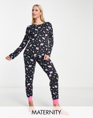 Chelsea Peers Maternity long sleeve and cuff trouser pyjama set in navy and pink shooting star print