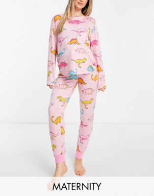 Chelsea Peers Maternity long sleeve and cuff trouser pyjama set in pink and blue dinosaur print