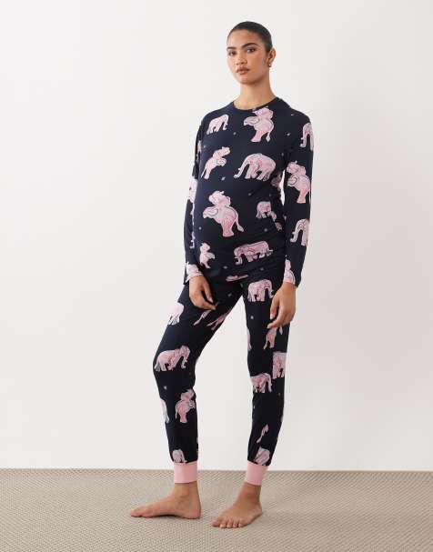 Chelsea Peers Maternity long sleeve pyjama set in navy watercolour elephant print - view 1