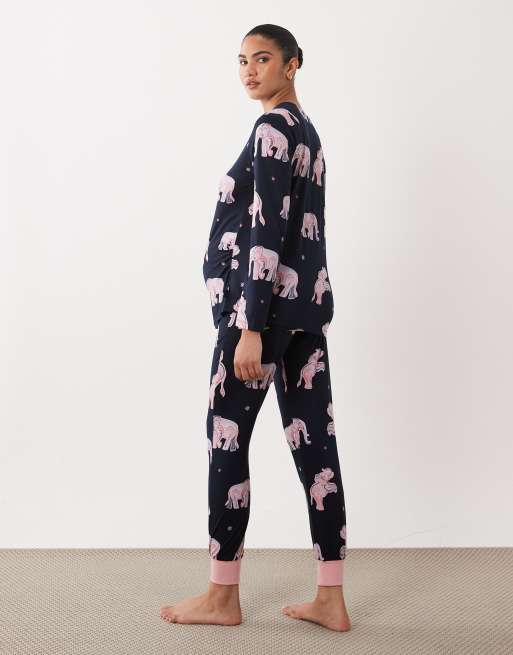 Chelsea Peers Maternity long sleeve pyjama set in navy watercolour elephant print, 3 of 4