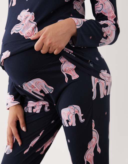 Chelsea Peers Maternity long sleeve pyjama set in navy watercolour elephant print, 4 of 4