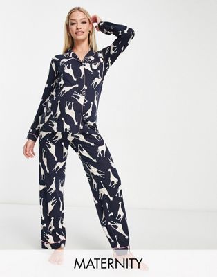 Chelsea Peers Maternity long sleeve shirt and trouser pyjama set in navy giraffe print