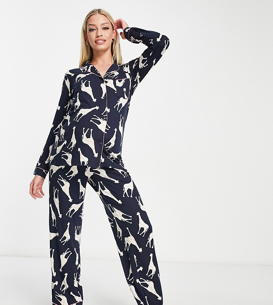 Chelsea Peers Maternity Long Sleeve Shirt And Trouser Pyjama Set In Navy Giraffe Print