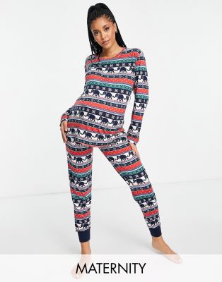 Chelsea Peers Chelsea Peers Maternity long sleeve top and jogger pyjama set in elephant fairisle print-Multi