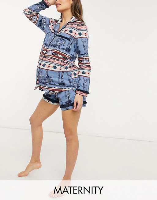Chelsea Peers Maternity organic cotton aztec print short revere pyjama set in blue