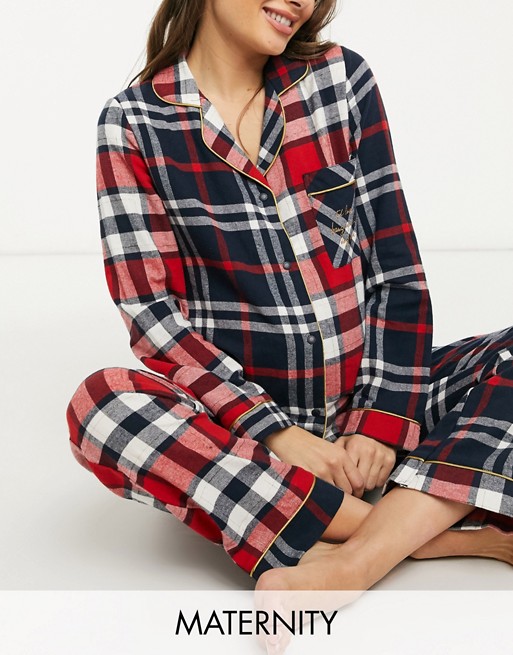Chelsea Peers Maternity organic cotton mixed check long revere pyjama set in red and navy