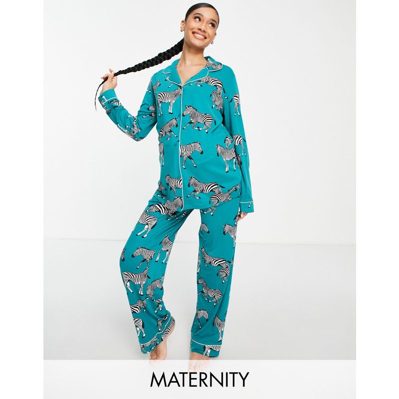 Donna Intimo e abbigliamento notte Chelsea Peers Maternity - Pigiama in jersey ecologico turchese con zebre composto da top con rever e pantaloni
