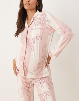 Chelsea Peers Maternity Poly Long Sleeve Camp Collar Shirt And Pants Pajama Set In Pink