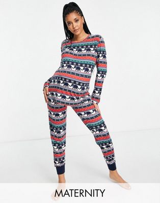 Shop Chelsea Peers Maternity Long Sleeve Top And Sweatpants Pajama Set In Elephant Fairisle Print-multi