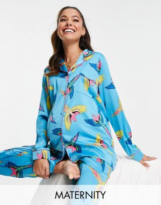 Chelsea Peers Maternity premium satin revere top and trouser pyjama set in blue parrot print