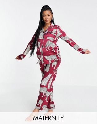 Chelsea Peers Maternity premium satin revere top and trouser pyjama set in wine leopard print