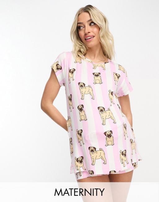 Chelsea Peers Maternity short pajama set in pink and white pug stripe