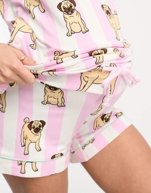 Chelsea Peers Maternity short pajama set in pink and white pug