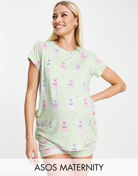 Chelsea Peers Maternity short pyjama set in light green robot print