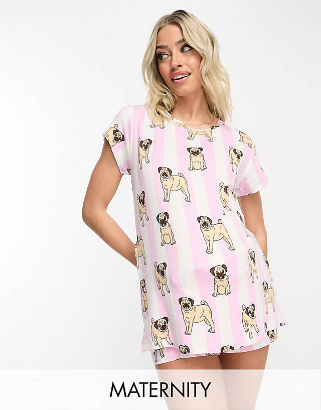 Chelsea Peers - maternity short pyjama set in pink and white pug stripe